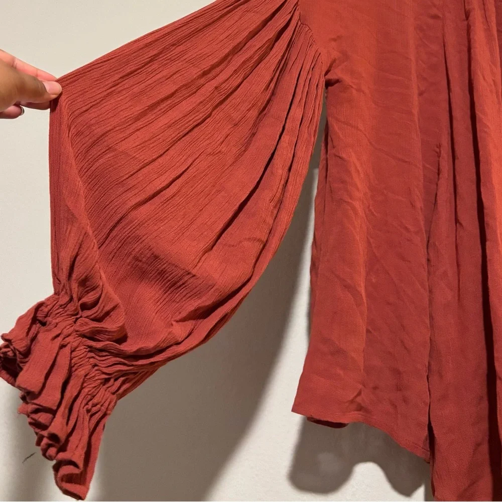 Free People Red Puff Sleeve Blouse with Tie Front